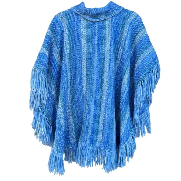 Handmade 100% Wool Fringe Poncho Artesania King Uruguay Blue Stripe Woven Medium - Picture 3 of 13